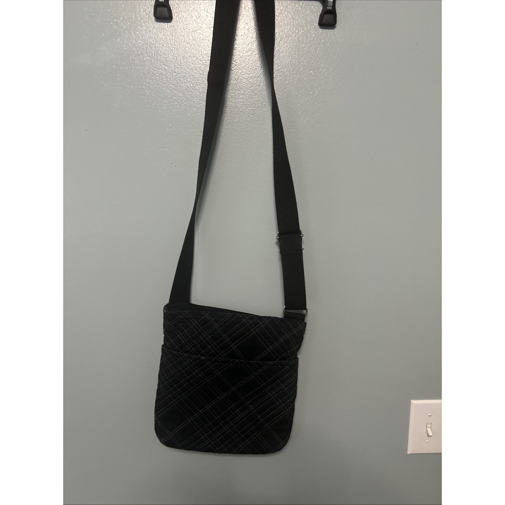 Thirty One Women Black Quilted Cotton Crossbody Purse Bag Silver Hardware Medium